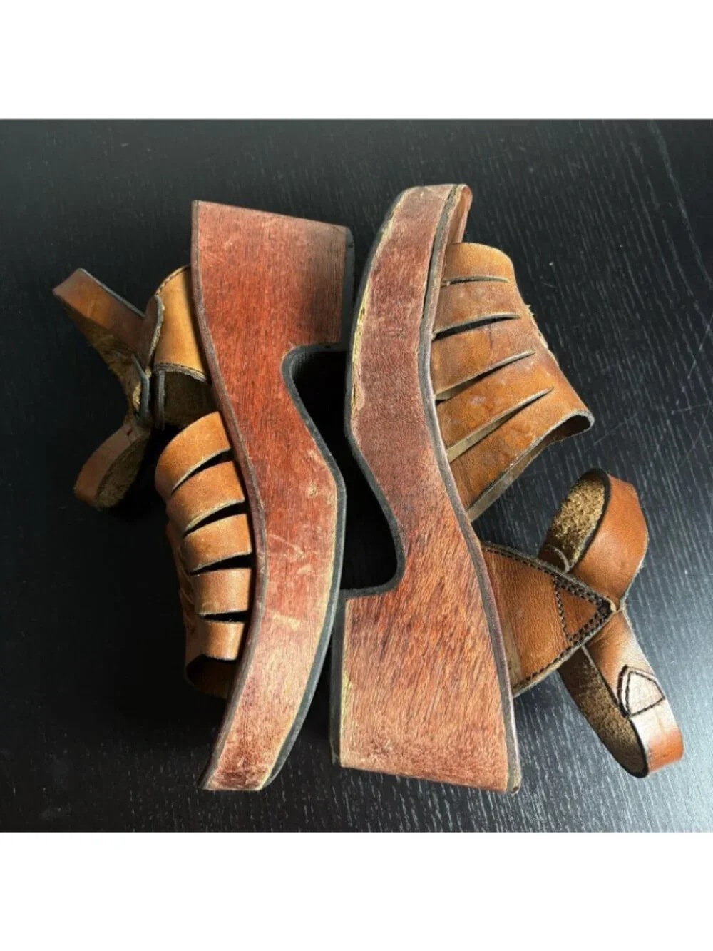 Vintage 70s MUSA Womens 7M Brown Leather Wood Platform Sandals 1970s Brazil